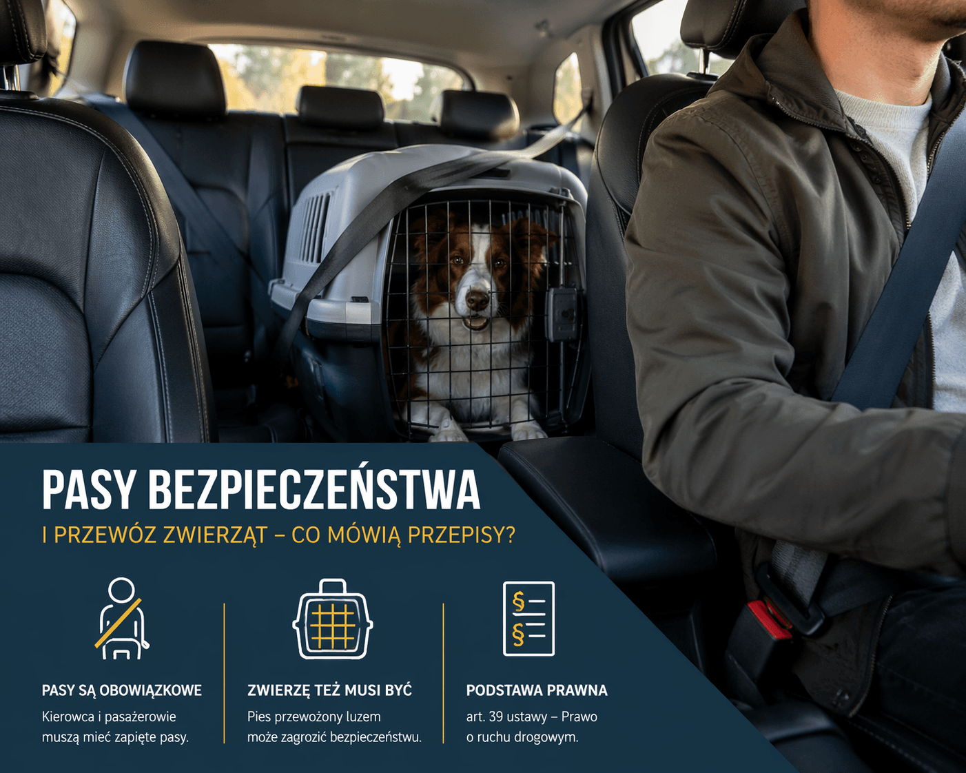 Pasy bezpieczeństwa w samochodzie oraz pies przewożony w transporterze przypiętym pasem